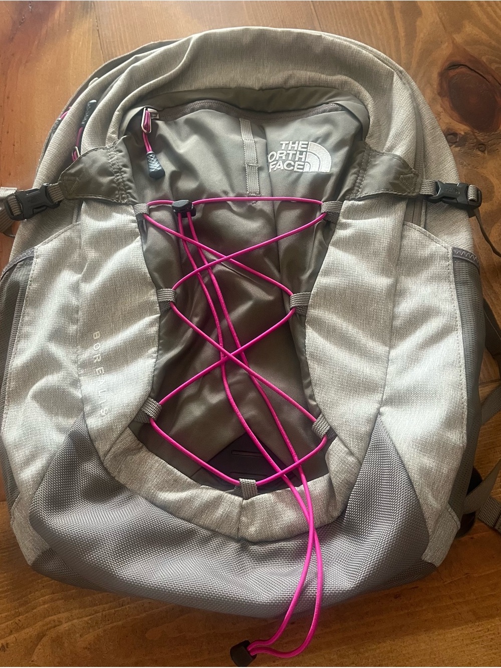 The North Face Taupe Backpack with Pink Bungee